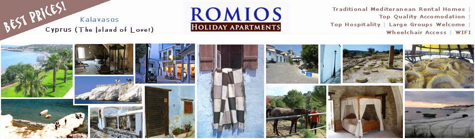 romios header with logo best prices, top hospitality qualitytraditional mediteranean holiday rentals  in cyprus the island of love